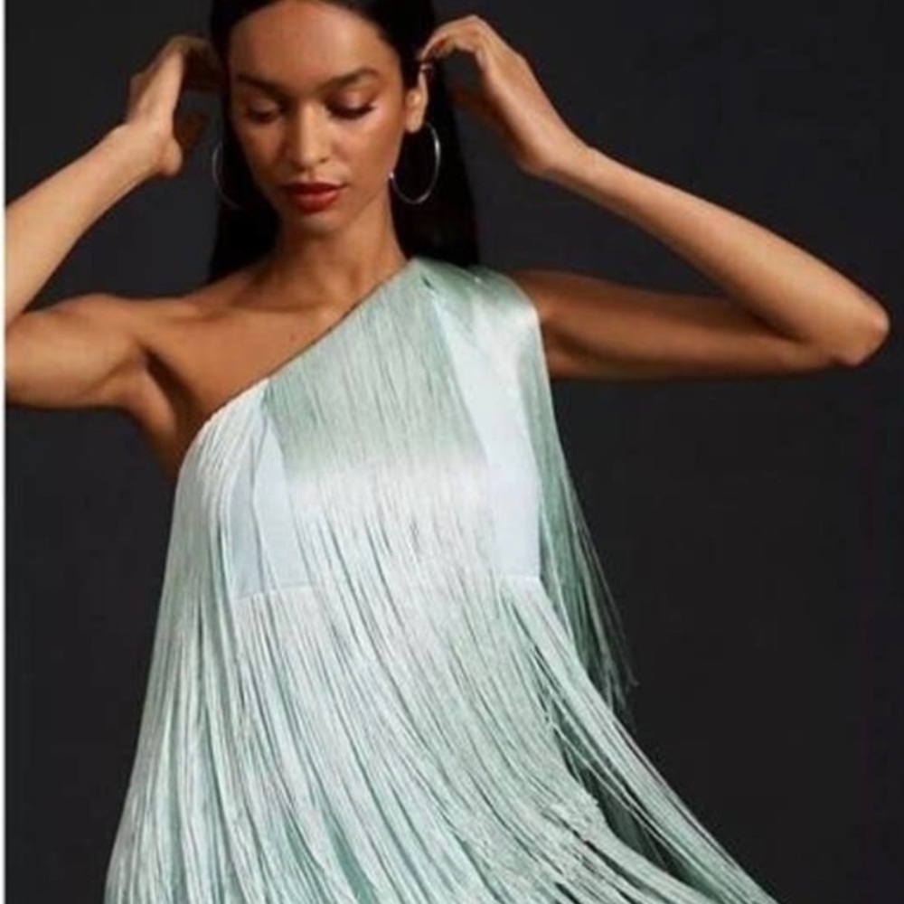NWT ANTHROPOLOGIE X HUTCH SIZE SMALL ONE SHOULDER FRINGE MINI DRESS IN MINT